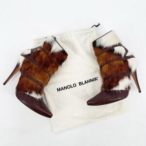 Manolo Blahnik Y2K Retro Aziz Cowhide Fur Leather Pointed Toe Heeled Boot IT 37